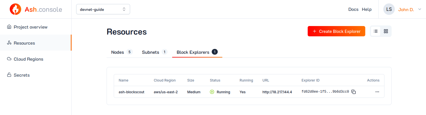 Ash Console block explorer URL