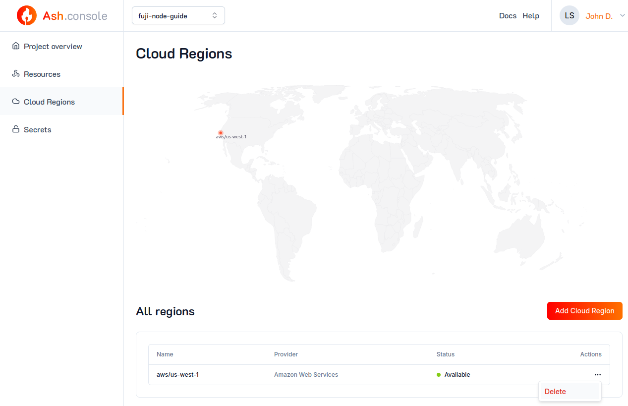 Ash Console cloud region delete