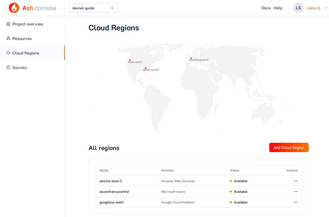 Ash Console Cloud Region list