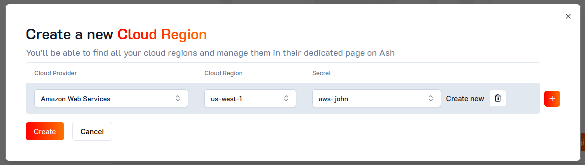 Ash Console cloud region create