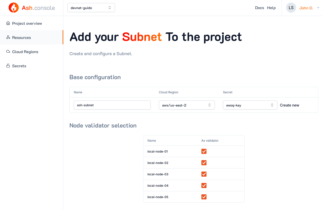 Ash Console subnet create