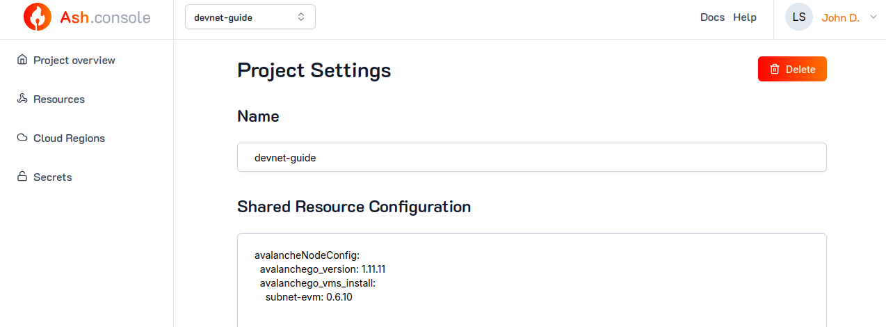 Ash Console Project settings